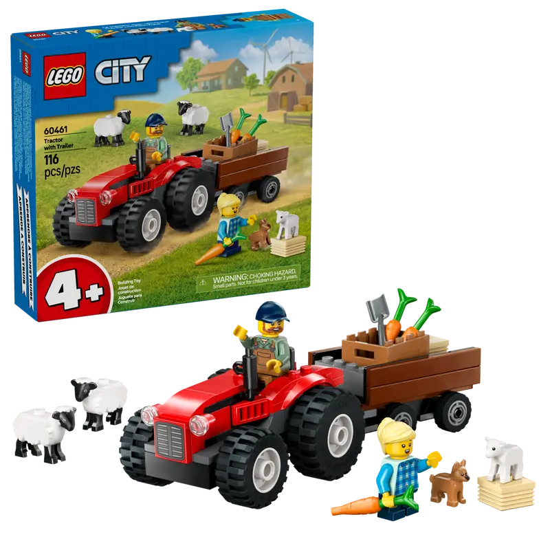 60461 Red Farm Tractor with Trailer & Sheep